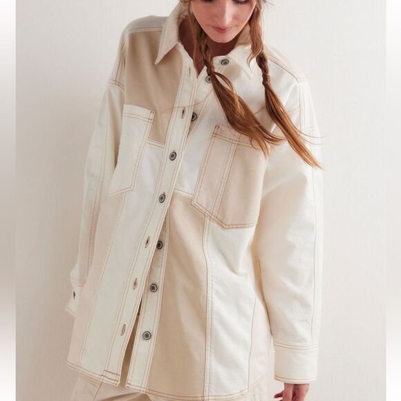 Free People We the Free Ivory Mountain Roads Denim Shirt NWOT - Picture 7 of 12